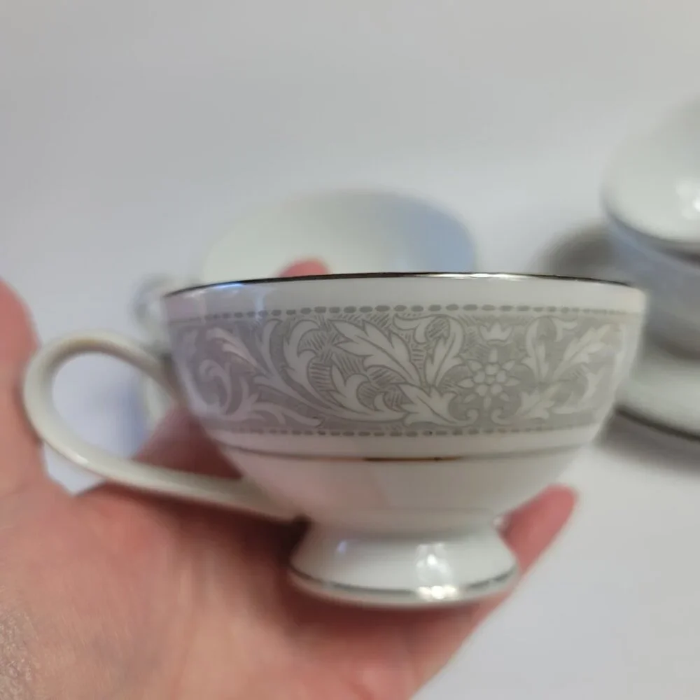 FOUR Imperial China Whitney Cup & Saucers White Gray Band Leaf Scrolls W. Dalton